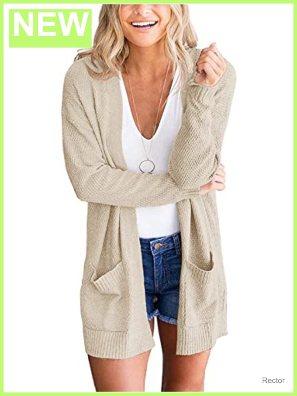 Waffle Knit Open Front Cardigan with Pockets Loose Fit Duster